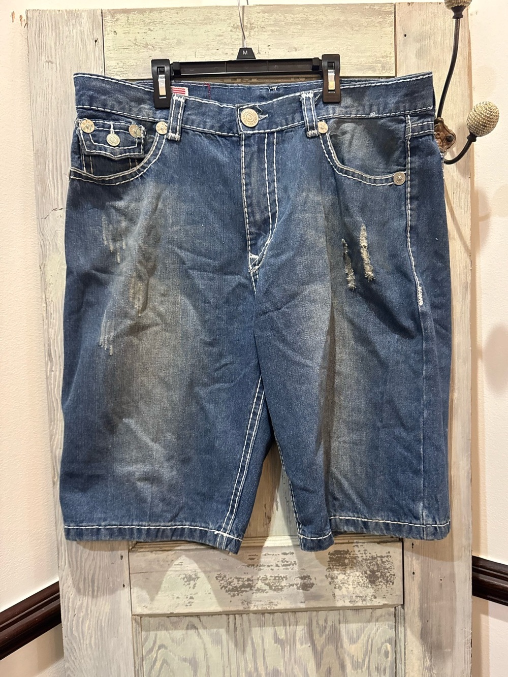 Mens True Religion Ricky Super QT jean shorts white stitch 38